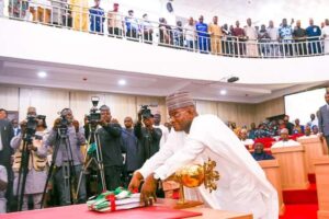 Kogi State Governor, Alhaji Yahaya Bello performing the official presentation of budget of accelerated result before the State House of Assembly on Thursday. 