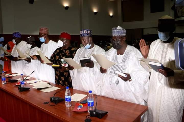 Hon Zakari Angulu Dobi, second right alongside others take their Oath of office during the Inauguration ceremony by the FCT minister, Muhammad Musa Bello, as mandate secretaries in Abuja on Tuesday.