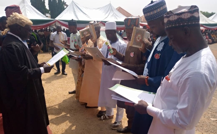 The supervisory councilors and the newly appointed chief of staff take oath of office during their inauguration in Kuje on Thursday.