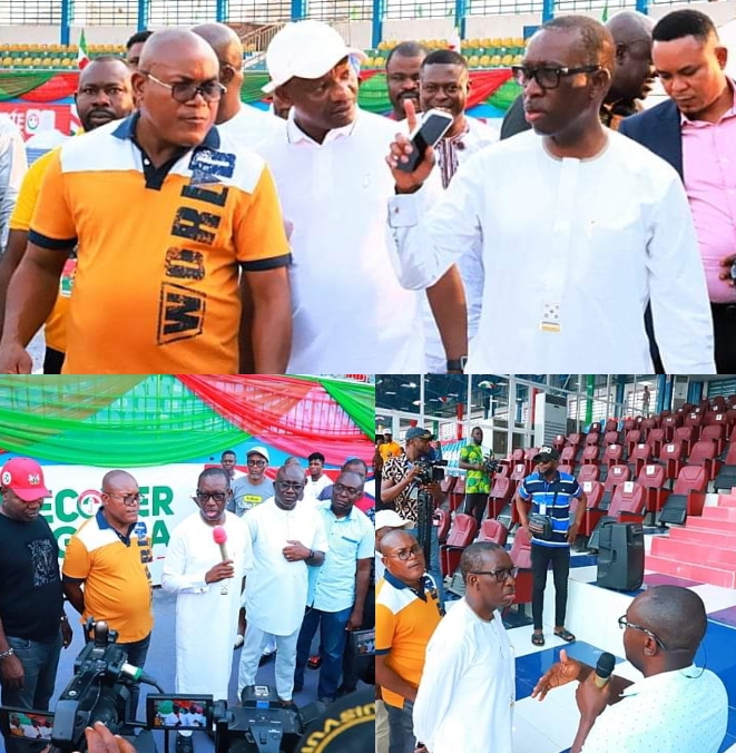 Okowa inspects Stephen Keshi Stadium Ahead of Tuesday Presidential Campaign in Delta