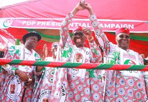 The PDP presidential candidate Atiku Abubakar, vice presidential candidate, Ifeanyi Okowa and governor of Bayelsa state during Atiku's campaign rally in Asaba, Delta state on Tuesday.