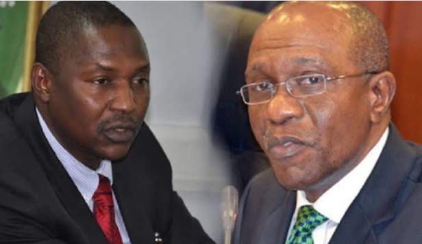 Nigerian Attorney General and Minister of Justice, Abubakar Malami and CBN Governor, Godwin Emefiele