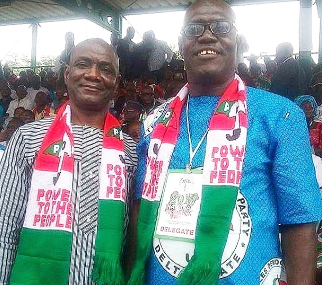 (R-L) The Chairman of the Peoples Democratic Party (PDP) Delta State Chapter, Olorogun Barr Kingsley Esiso and the Executive Assistant on Communication to Delta State Governor, Olorogun Barr. Fred Latimore Oghenesivbe