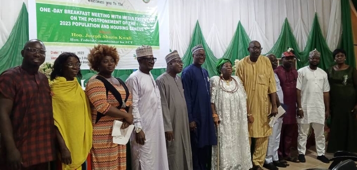 The FCT commissioner for NPC Mr Joseph Shazin Kwali, in a group photograph with some stakeholders and media executives in Abuja on Wednesday