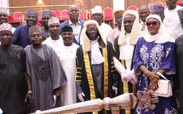 The 7th Nasarawa State House of Assembly Speaker, Rt. Hon Ibrahim Balarabe Abdullahi ( APC- Umaisha/ Ugya) (M), and other members of the house shortly after their inauguration at the assembly complex Lafia.