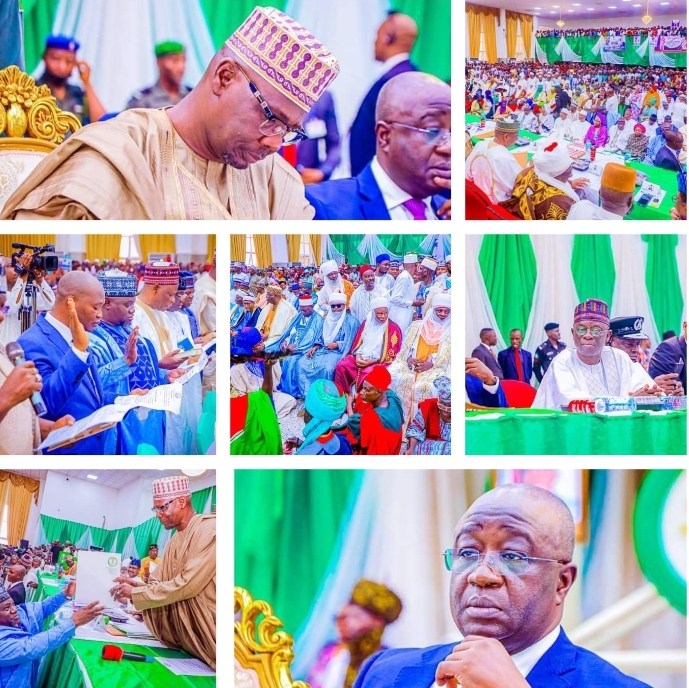 Governor Abdullahi Sule, Deputy Gov, Dr. Emanuel Akabe, Speaker, NSHA, Rt. Hon Ibrahim Balarabe Abdullahi, newly inaugurated Commissioners, traditional rulers, APC stalwarts and stakeholders across the 13 LGAs in Govt. House Lafia