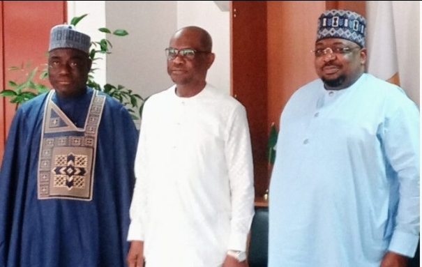 FCT minister, Barr Nyesom Wike (m) Senator Philip Aduda right and leader of the APC in FCT, Alhaji Zakari Angulu Dobi during their visit to the minister in his office on Wednesday, in Abuja.