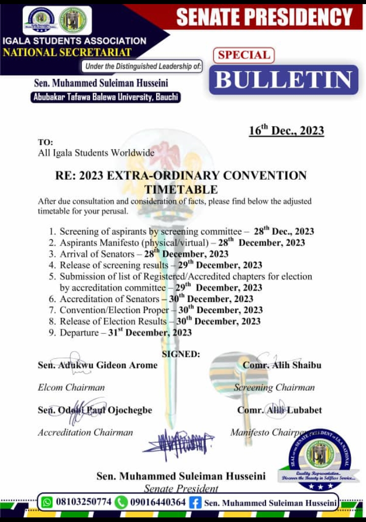 Igala Students Association set for 2023 convention, unveils adjusted timetable as extraordinary convention holds December 30th, 2023.