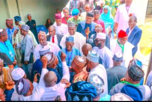 Former Speaker NSHA and Chairman governing council Federal Polytechnic Damaturu, Yobe State, Rt. Hon Ibrahim Balarabe Abdullahi being received by mammoth crowds during his inauguration in Abuja