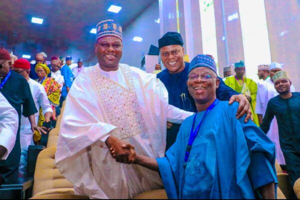 The Speaker of Nasarawa State House of Assembly, Rt. Hon. Danladi Jatau exchanging pleasantry with his predecessor and Chairman governing council Federal Polytechnic Damaturu, Yobe State, Rt. Hon Ibrahim Balarabe Abdullahi shortly after his inauguration in Abuja