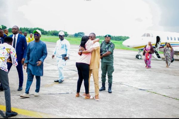 Impeached former Edo State Deputy Governor, Philip Shaibu and Edo APC Guber candidate, Monday Okpebholo shortly after his returned to Benin City