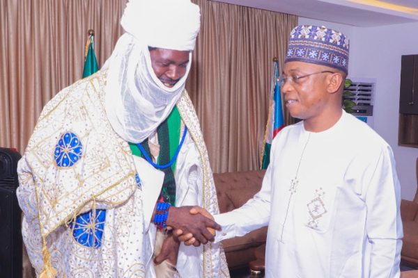 Renowned Islamic scholar and founder of Ar-Rahman, Kunfayakun Prayer centre Lokoja, Kogi State Sheikh Hassan Mikailu exchanging pleasantry with Mr. Joel Salifu Oyibo, Kogi State Deputy Governor