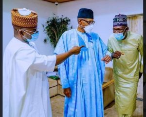 Immediate former Kogi State Governor, Alhaji Yahaya Adoza Bello, immediate former President Muhammadu Buhari and Kogi State Commissioner for Solid Minerals and Natural Resources, Engineer Abubakar Mohammed Bashir Gegu