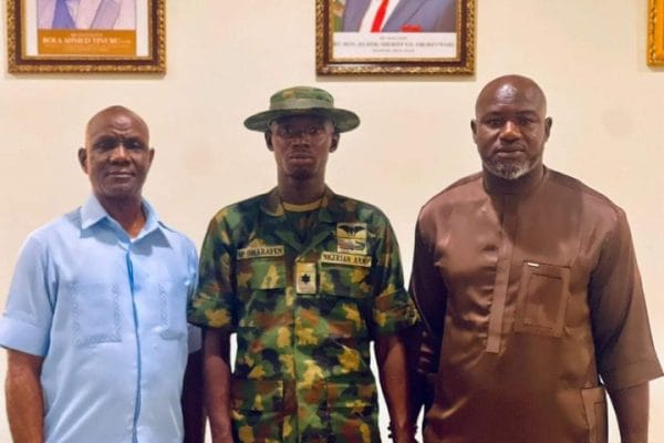 Delta State Commissioner for Youth, Barr Trakiriowei Harry ThankGod (1st from right), Director-General, Delta State Orientation and Communications Bureau, Dr (Barr) Fred Latimore Oghenesivbe (1st from left) and 2nd Lieutenant Oghenekohwo Omarayen (centre).