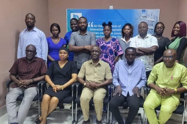 Photo: The Director General, Delta State Orientation and Communications Bureau, Dr (Barr) Fred Latimore Oghenesivbe, JP, (3rd from right) in a group photograph with staff of Bridge FM Radio after declaring open Bridge FM Programme Planning Conference in Asaba.