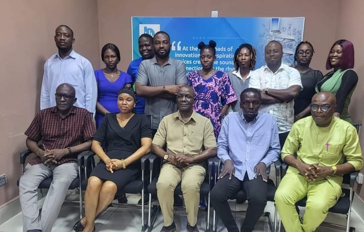 Photo: The Director General, Delta State Orientation and Communications Bureau, Dr (Barr) Fred Latimore Oghenesivbe, JP, (3rd from right) in a group photograph with staff of Bridge FM Radio after declaring open Bridge FM Programme Planning Conference in Asaba.