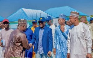 Musa Muhammed Maikaya and his entourage receiving arousing welcome by Chief Operating Officer of Maikaya Development Foundation, Comrade Shuaibu Sani