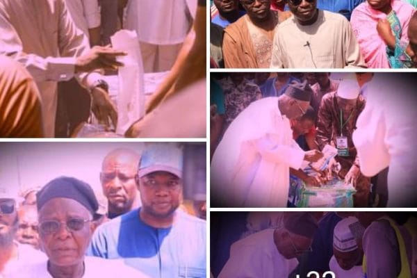 Rt. Hon. Ibrahim Balarabe Abdullahi, Immediate Past Speaker of Nasarawa State House of Assembly, Ohimegye Opanda, HRH. Alhaji Usman Abdullahi exercise their civil rights on Saturday in Umaisha, Toto LG