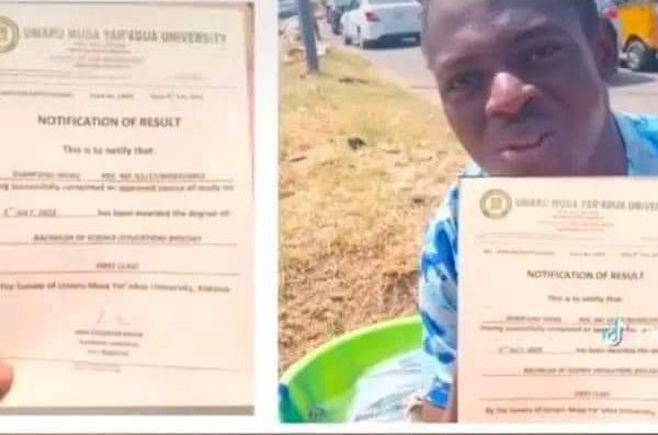 Sham'unu Ishaq, an outstanding First Class graduate of Umaru Musa Yar'adua University, formerly engaged in selling sachet water to support his family