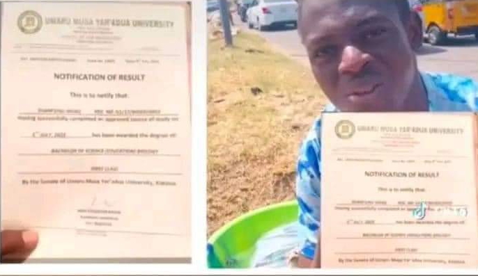 Sham'unu Ishaq, an outstanding First Class graduate of Umaru Musa Yar'adua University, formerly engaged in selling sachet water to support his family