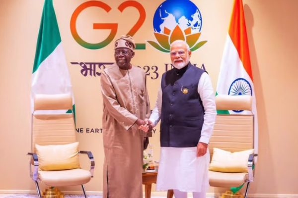 Nigerian President Bola Ahmed Tinubu welcomes Indian Prime Minister Narendra Modi to the Aso Rock Presidential Villa