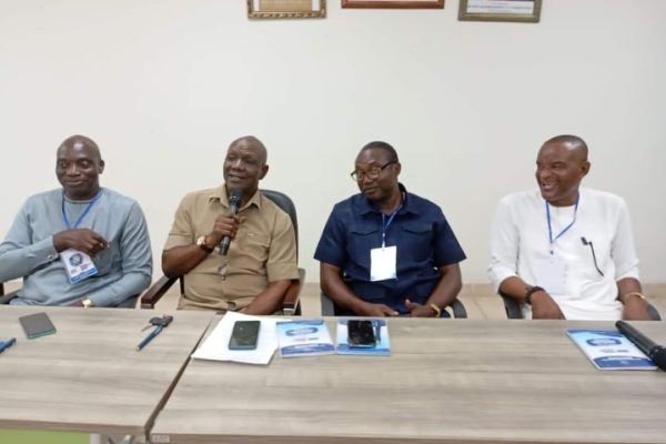 Director General, Delta State Orientation and Communications Bureau, Dr Fred Latimore Oghenesivbe (2nd Left) seated with Practicing Journalists in Delta State