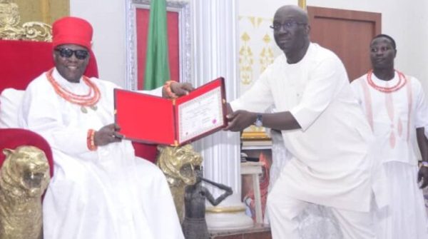 His Royal Majesty, Omo N’Oba N’Edo, Uku Akpolokpolo Oba Ewuare II of Benin Kingdom and Edo State Governor, Monday Okpebholo