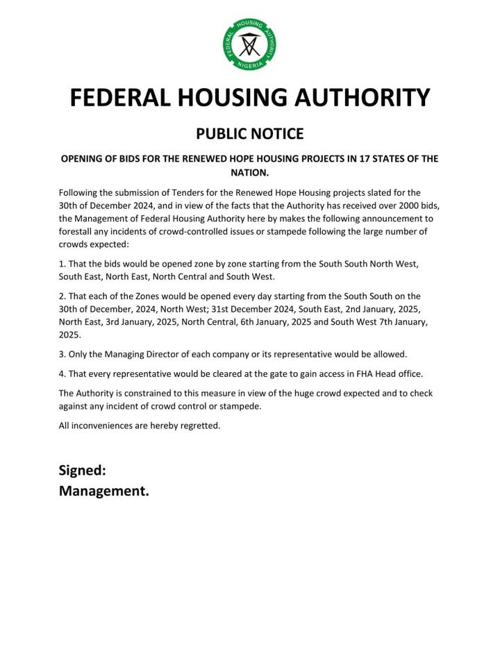 FHA Announces Opening of 2000 Bids for Renewed Hope Housing Project on December 30