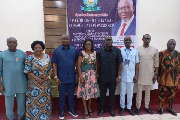 From Left to Right: Mr. Reginald Bayoko, the Delta State Head of Service, represented by Chucks Aguonye, Prof. Joyce Ogwezi, HOD Mass Communication Department in Dennis Osadebay University Asaba as Trainer, Dr. Barry Gbe, the Chief Economist Adviser to the Governor of Delta State, Prof. Abigail Ogwezzy-Ndisika, Renowned Communication Scholar and Director University of Lagos ICE, Chief Trainer, Mr. Mideno Bayagbon, Former Editor of Vanguard Newspaper and Publisher of The NewsGuru, Dr. Fred Latimore Oghenesivbe, Esq. Director General Delta State Orientation and Communication Bureau (DELCOM Workshop Facilitator), Secretary to the State Governor, Mr. Kinsley Emu represented by Commissioner for Transport Mr. Onoriode Agofure and Dr. Emmanuel Akpoveta, Dean School of ICT Delta State Polytechnic Ogwashi-Uke (Trainer