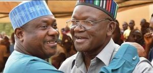 Immediate past Governor of Benue State, Chief Samuel Ortom (R) and Secretary to the Government of the Federation, SGF, Senator George Akume (L)