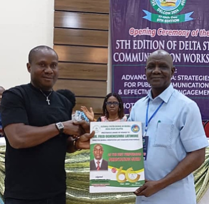 Delta State Chairman of the National Youth Council of Nigeria, Comrade Kenneth l Okorie (L) and Communication Strategist and Director General of the Delta State Orientation and Communications Bureau, Dr Wilfred Latimore Oghenesivbe (R)