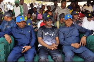 Dr. Musa Muhammed Maikaya, founder and chief executive officer of the Maikaya Development Foundation seated (M), Barr. Muhammed Tanko Musa Osuku, Executive Chairman, Kogi State Civil Service Commission (L) and Abuja based legal luminary, Barr. Yakubu Galadima watching the live match in Toto 