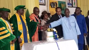 Mayange, Wife, DVC Academics, ERCC President, others, cutting the cake to mark his Golden jubilee anniversary during shortly after the inaugural lecture.