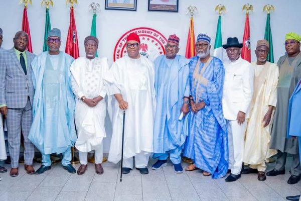 Senator President, Obom Godswill Akpabio , Chairman, National Assembly Service Commission, Engr Ahmed Kadi Amshi FNSE, surrounded by the outgoing National Assembly Service Commission commissioners during a visit to National Assembly.