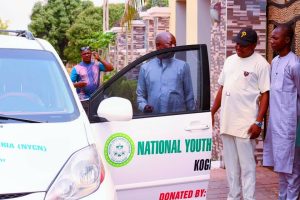 Former Nasarawa State House of Assembly Speaker, Rt. Hon Ibrahim Abdullahi Balarabe inspecting the car donated to Comarade Benjamin Jeremiah Ojodale, Chairman Kogi State chapter of the National Youth Council of Nigeria (NYCN) by Kogi State Governor, Ahmed Usman Ododo