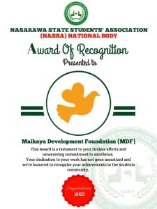 NASSA led Comrade David Ovey Abimiku presented the Award of Excellence to the Maikaya Development Foundation represented by Technical Adviser and Chief Operating Officer, Comrade Shuaibu Sani in appreciation and recognition of its unwavering support to students community