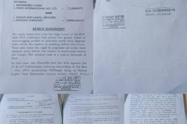 Andrew Lucky Elerewe of Aiben Properties LTD is accused of land grabbing despite a court judgment against him Court judgment in a Court Case: Suit No: FCT/HC/CV/02/2022 at the FCT High Court
