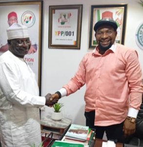 National chairman of YPP, Comrade Emmanuel Amakiriwhile congratulating the party's chairmanship candidate in Abaji shortly after his clearance on Friday.