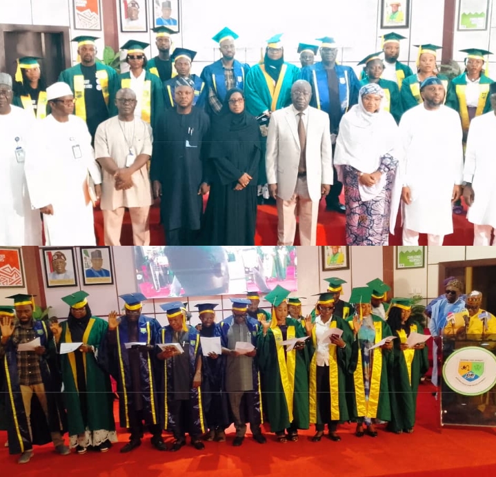 The deputy Governor, Dr. Emmanuel Agbadu Akabe, Nsuk VC. Prof. Sa'adatu Liman, the ES/CEO solid minerals development fund, Haj. Fatima Shinkafi and other management staff alongside students during the induction ceremony.
