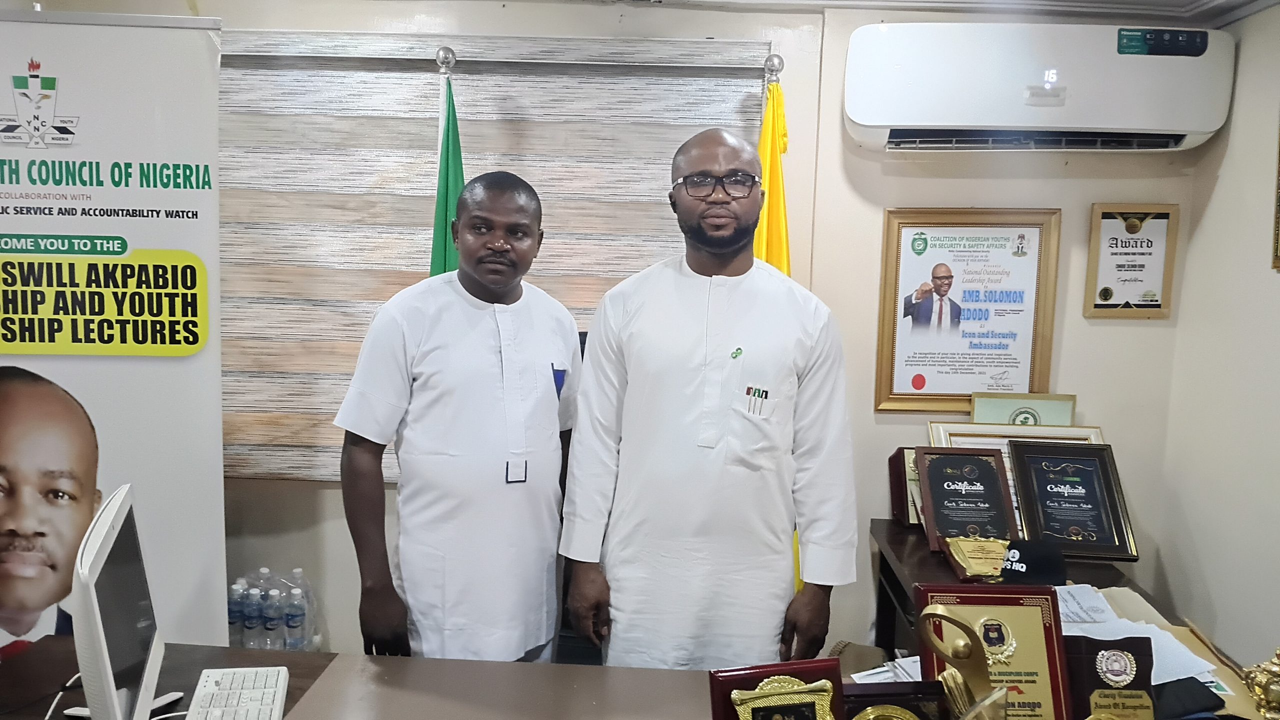 Comrade Benjamin Jeremiah Ojodale, the Kogi State Chapter Chairman of the National Youth Council of Nigeria (NYCN), visited Comrade Solomon Adodo, the National President of the Council, at his office in Abuja