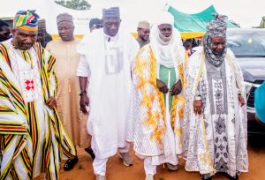 Engineer Muhammed Abubakar Bashir Gegu, Kogi State Commissioner for Solid Minerals and Natural Resources, Barr. Muhammed Tanko Musa Osuku, the Executive Chairman Kogi State Civil Service Commission welcoming traditional rulers from Kogi LG who came for Itochi launching and Prize giving ceremony held in Toto