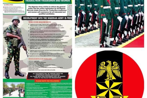 GOVERNMENT SPECIAL ANNOUNCEMENT: RECRUITMENT INTO THE NIGERIAN ARMY 90TH REGULAR RECRUITS INTAKE (RRI) FOR NON-TRADES/TRADES MEN AND WOMEN THE NIGERIAN ARMY