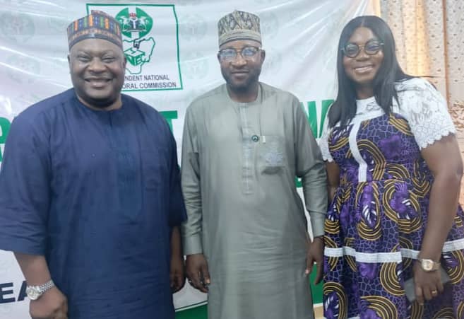 Chairman of the FCT IPAC Alhaji Ibrahim Koko Kuje (m) when he paid a courtesy call on the FCT REC at INEC commission's office in Abuja on Wednesday.