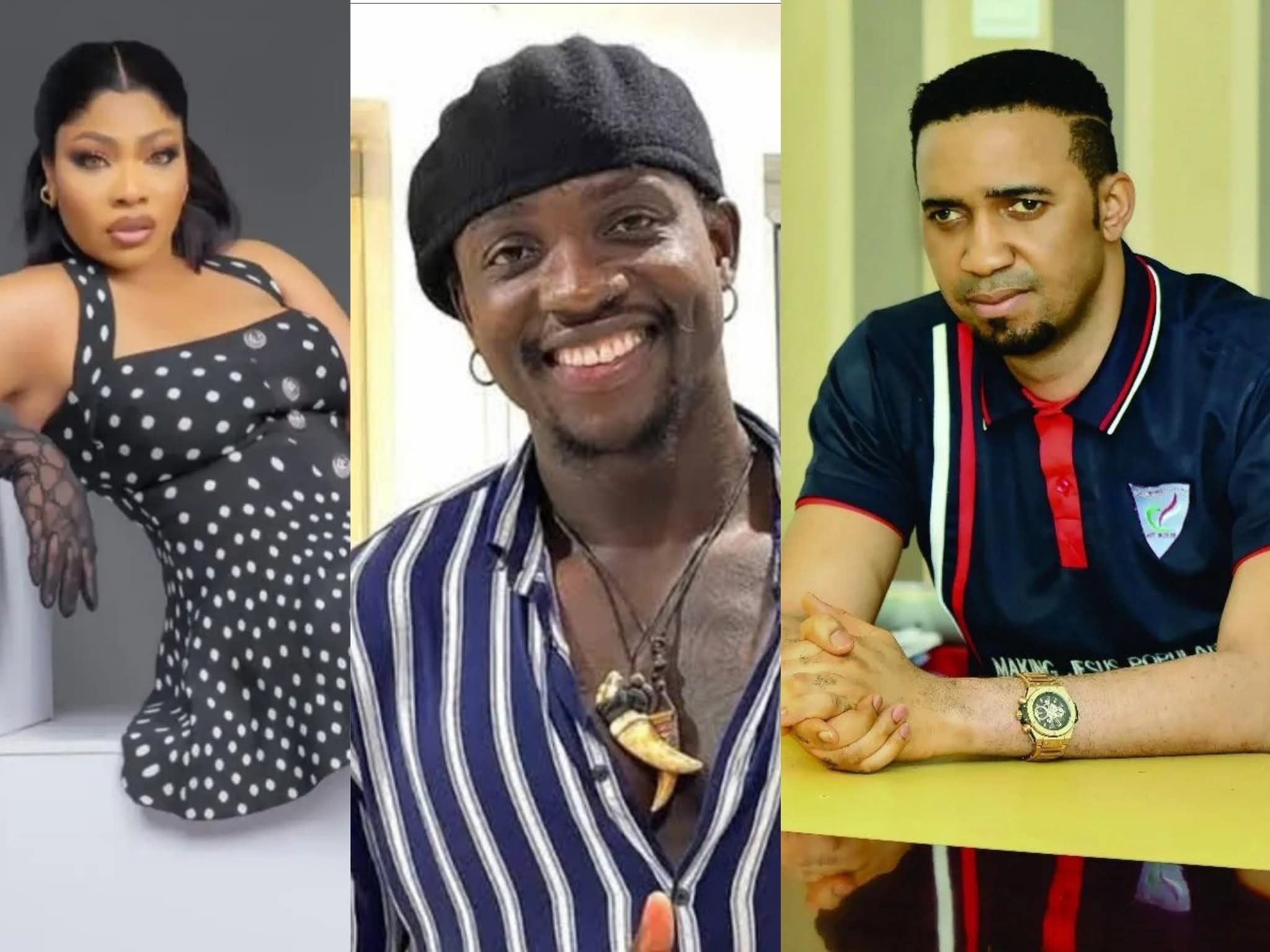 From left, Nollywood Actress, Doris Ogala, Social media activist, Martins Otse, widely known as VeryDarkMan (VDM) and Pastor Okafor, founder of the Mountain of Liberation and Miracles Ministry. 