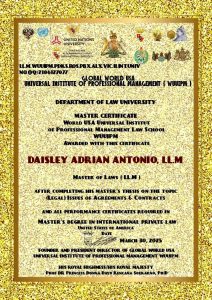 Prof. Dr. Hc KRMB Knight Chevalier Sir Adrian Daisley and his law certificate
