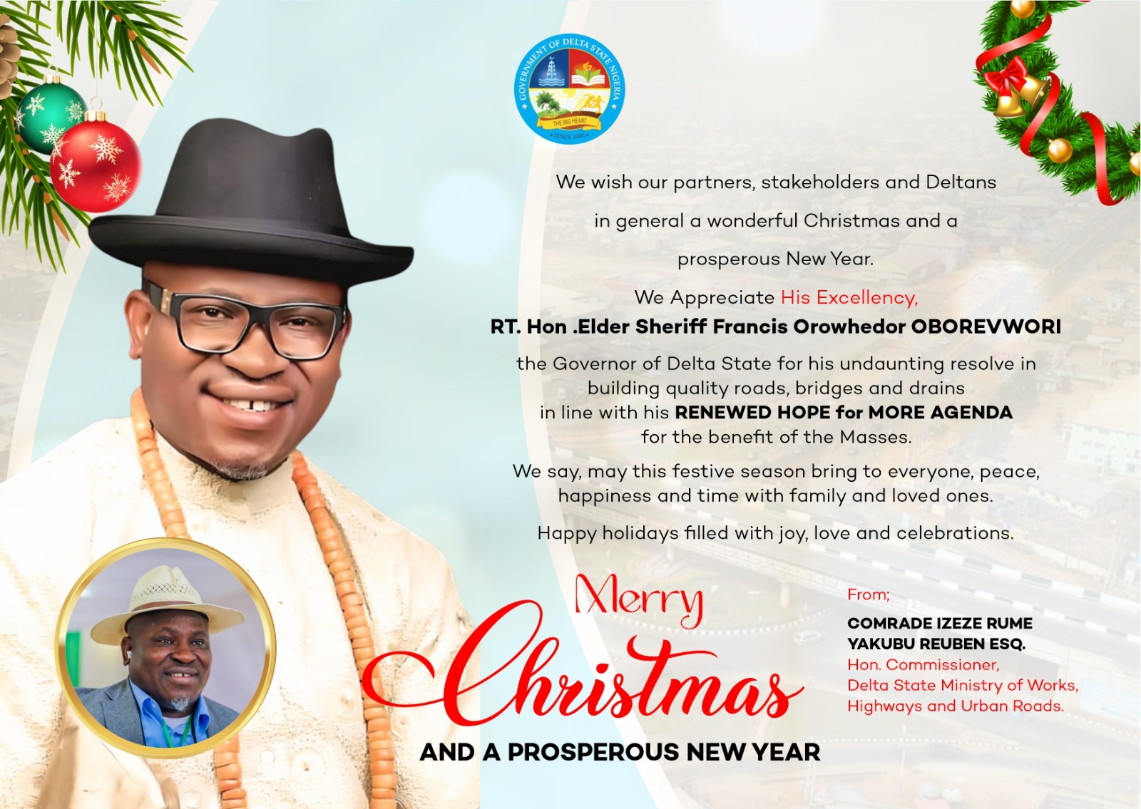 Izeze Felicitates Deltans at Christmas, Commends Oborevwori’s Infrastructure Drive