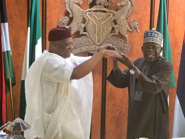 Former Abia State Governor and Senator Orji Uzor Kalu and President Bola Ahmed Tinubu