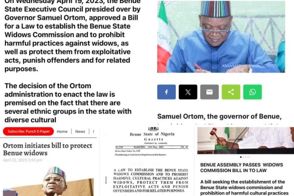 Benue Assembly's New Widows law sparks confusion: is Ortom's 2023 legislation now dead?