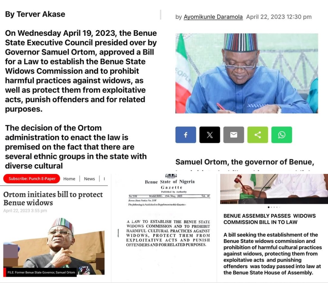 Benue Assembly's New Widows law sparks confusion: is Ortom's 2023 legislation now dead?