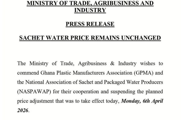 Ghana Halts Planned Increase in Sachet Water Prices